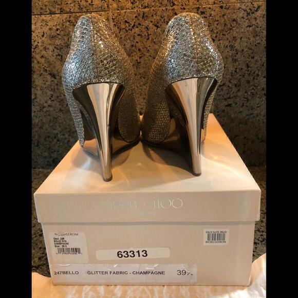 JIMMY CHOO BEllO Wedge Pump Shoes Champagne Glitter Bridal Shoe Euro 39.5 Us 9.5 - Picture 2 of 9